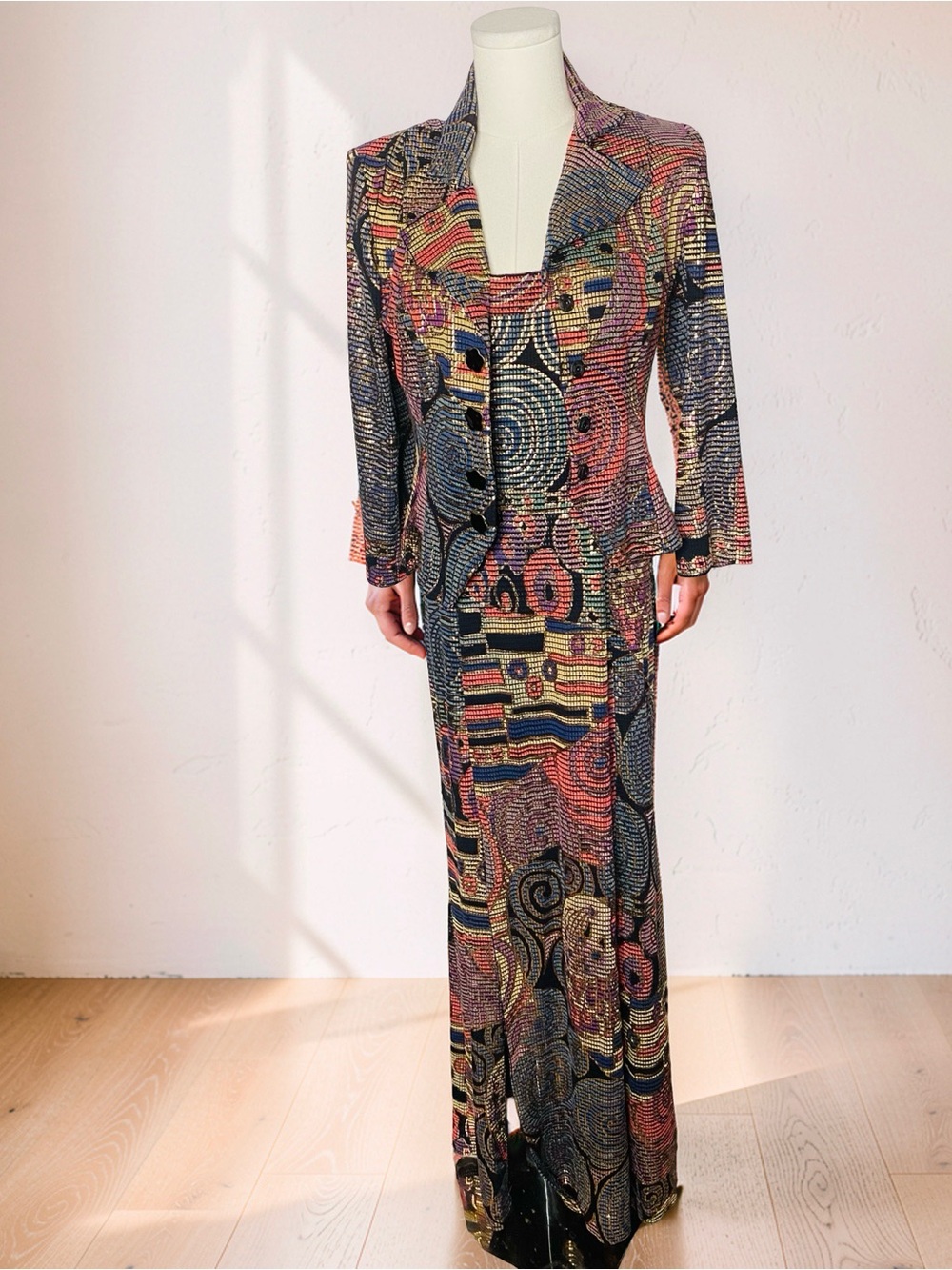 Vintage JANINE Italy 2pc Avant Garde Metallic Mosaic Maxi Dress & Blazer Suit Se